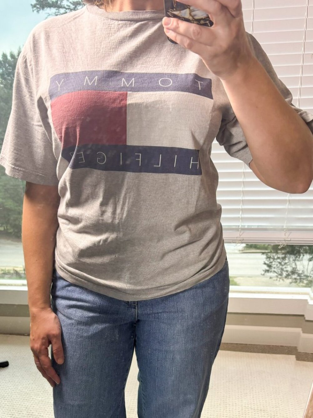 Vintage 90s Tommy Hilfiger Big Logo T-Shirt XL Made in USA Gray